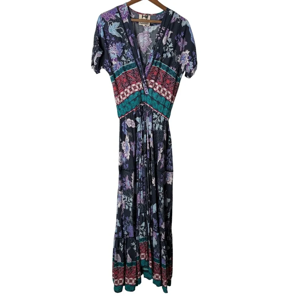 JAASE Women's Small Boho Floral Geometric Tiered V-Neck Maxi Dress Navy Blue